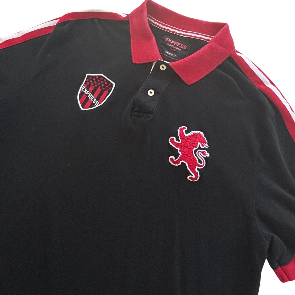 Express Pique Polo Mens XL Black Red Big Lion Shield Patch Collegiate